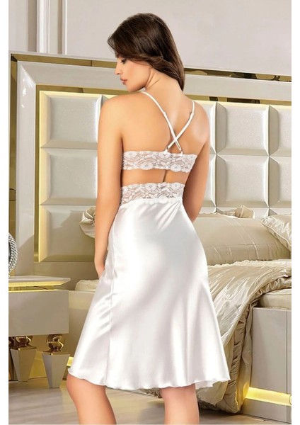 2618 Kadın Dantel Detaylı Saten Ip Askılı Midi Gecelik Sabahlık Takım-Beyaz modelleri