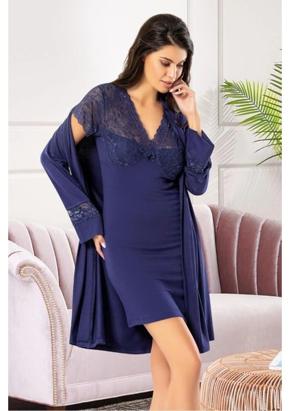 6021 Kadın Viskon Kısa Kollu Gecelik Sabahlık Takım-Lacivert