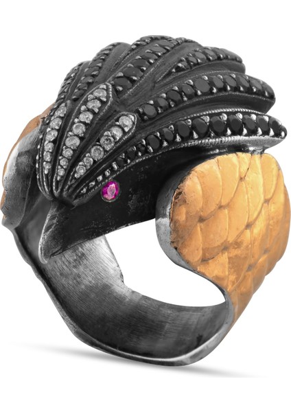 1.62 Karat Siyah Pırlanta Yakut Yüzük, Kartal Motifli, Gerçek Pırlanta, Sertifikalı Mücevher