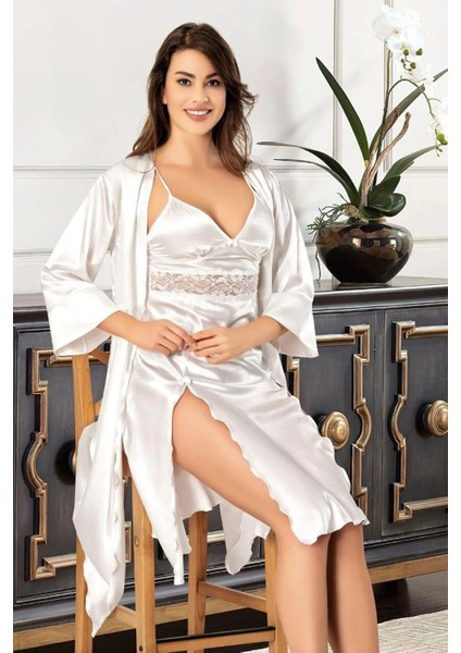 2623 Kadın Dantel Detaylı Saten Ip Askılı Midi Gecelik Sabahlık Takım-Beyaz