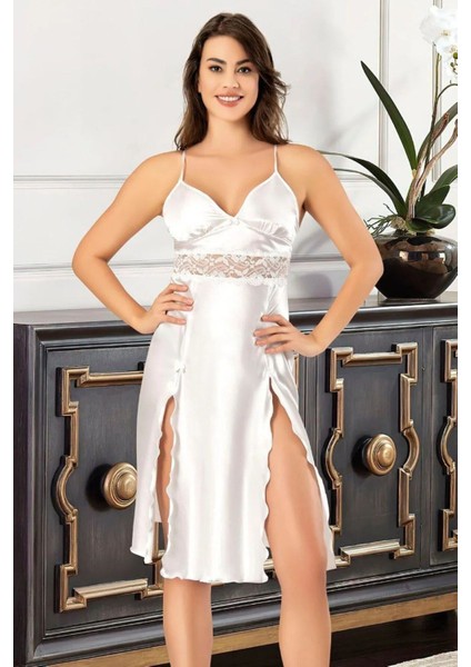 2623 Kadın Dantel Detaylı Saten Ip Askılı Midi Gecelik Sabahlık Takım-Beyaz fiyatları