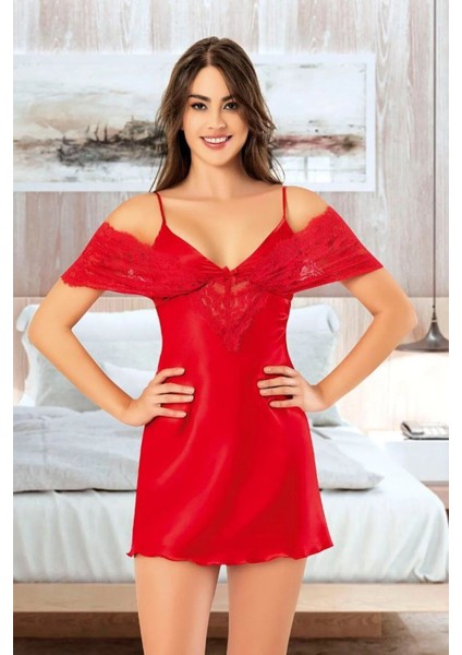 2060 Kadın Dantel Detaylı Saten Ip Askılı Kısa Gecelik Sabahlık Takım-Kırmızı