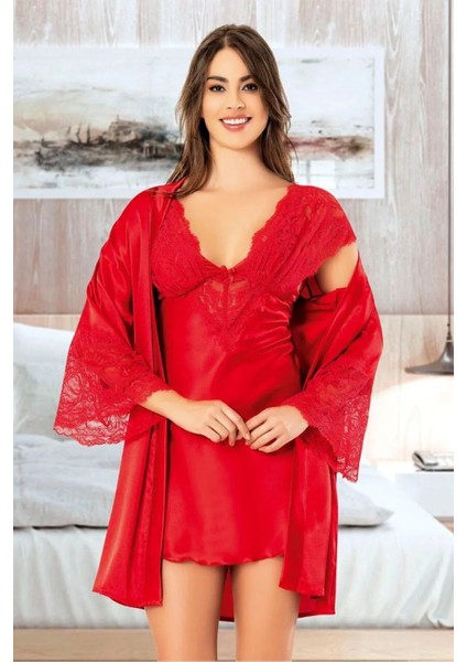 2060 Kadın Dantel Detaylı Saten Ip Askılı Kısa Gecelik Sabahlık Takım-Kırmızı fırsatları