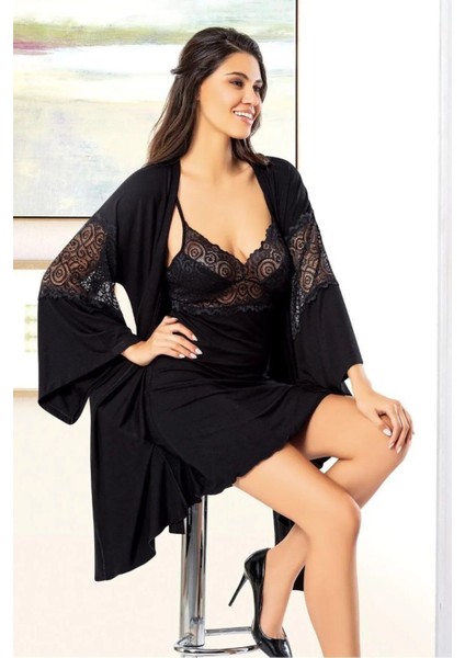 6025 Kadın Viskon Ip Askılı Gecelik Sabahlık Takım-Siyah fiyatları