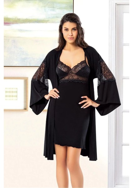 6025 Kadın Viskon Ip Askılı Gecelik Sabahlık Takım-Siyah fırsatları