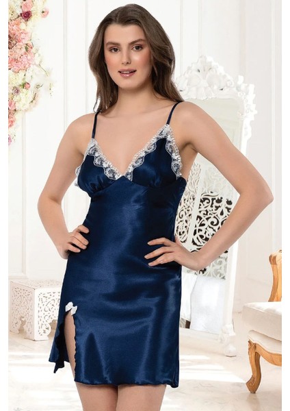 2116 Kadın Dantel Detaylı Saten Ip Askılı Kısa Gecelik Sabahlık Takım-Lacivert