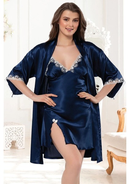 2116 Kadın Dantel Detaylı Saten Ip Askılı Kısa Gecelik Sabahlık Takım-Lacivert fiyatları