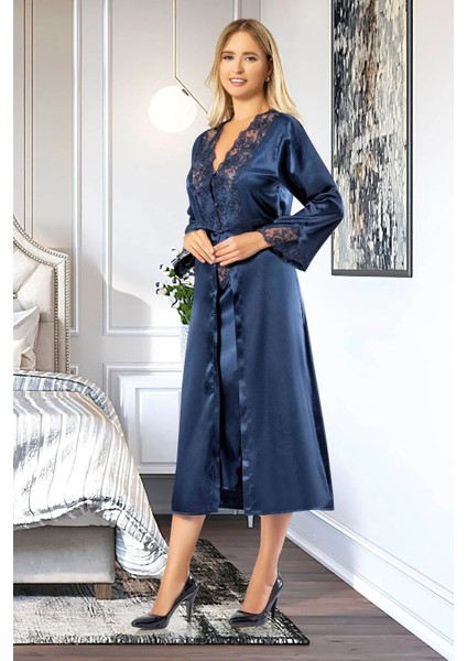 2604 Kadın Dantel Detaylı Saten Ip Askılı Uzun Gecelik Sabahlık Takım-Lacivert