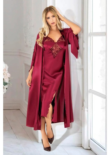 2611 Kadın Dantel Detaylı Saten Ip Askılı Uzun Gecelik Sabahlık Takım-Bordo