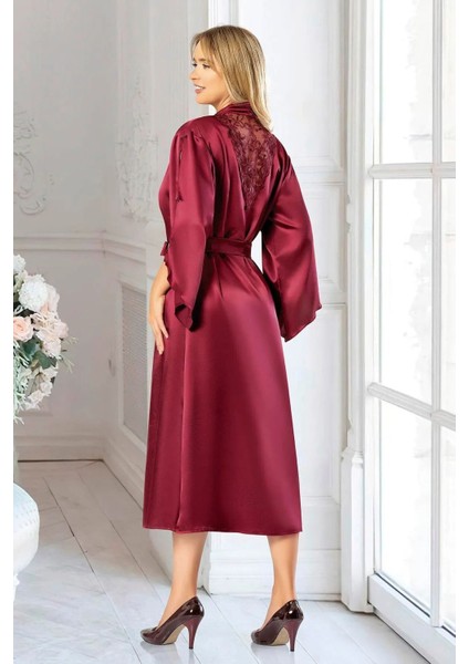 2611 Kadın Dantel Detaylı Saten Ip Askılı Uzun Gecelik Sabahlık Takım-Bordo fiyatları