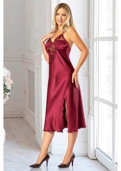 2611 Kadın Dantel Detaylı Saten Ip Askılı Uzun Gecelik Sabahlık Takım-Bordo modelleri