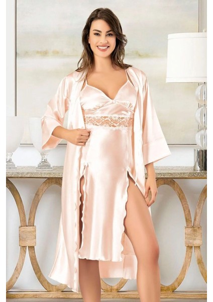 2624 Kadın Dantel Detaylı Saten Ip Askılı Midi Gecelik Sabahlık Takım-Pudra