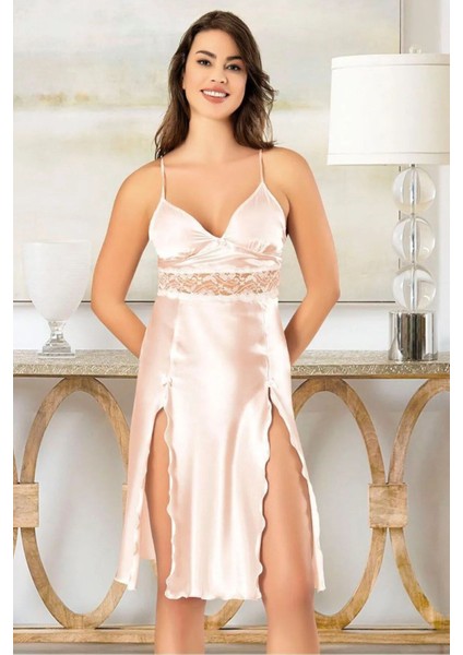2624 Kadın Dantel Detaylı Saten Ip Askılı Midi Gecelik Sabahlık Takım-Pudra fiyatları