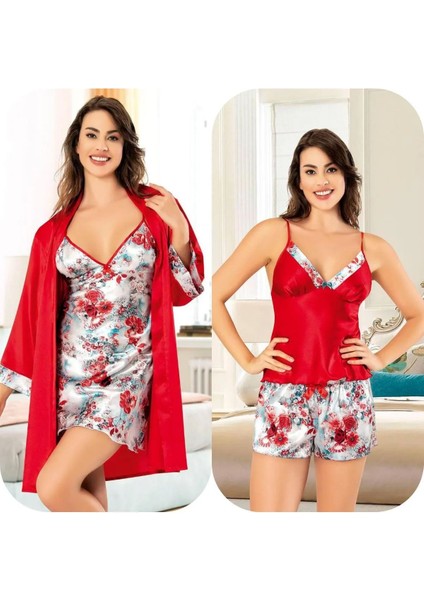 20743121 Kadın 4'lü Saten Gecelik Sabahlık Takım Şortlu Takım -Kırmızı