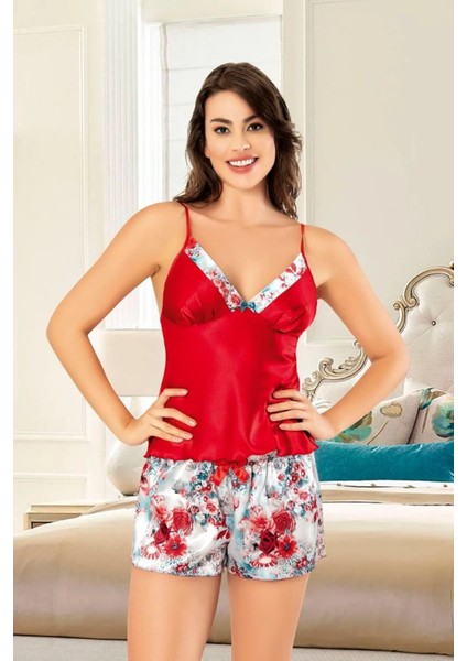 20743121 Kadın 4'lü Saten Gecelik Sabahlık Takım Şortlu Takım -Kırmızı fırsatları