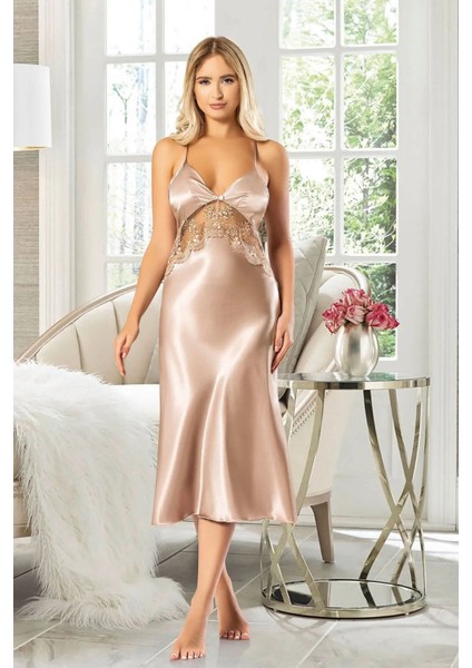 2607 Kadın Dantel Detaylı Saten Ip Askılı Uzun Gecelik Sabahlık Takım-Vizon