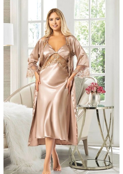 2607 Kadın Dantel Detaylı Saten Ip Askılı Uzun Gecelik Sabahlık Takım-Vizon fiyatları