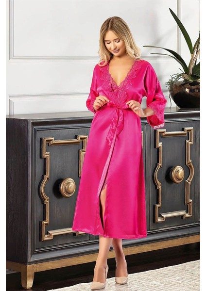 2612 Kadın Dantel Detaylı Saten Ip Askılı Uzun Gecelik Sabahlık Takım-Fuşya fiyatları