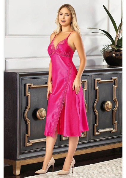 2612 Kadın Dantel Detaylı Saten Ip Askılı Uzun Gecelik Sabahlık Takım-Fuşya modelleri