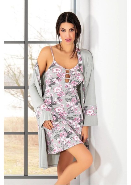 6023 Kadın Viskon Ip Askılı Gecelik Sabahlık Takım-Gri