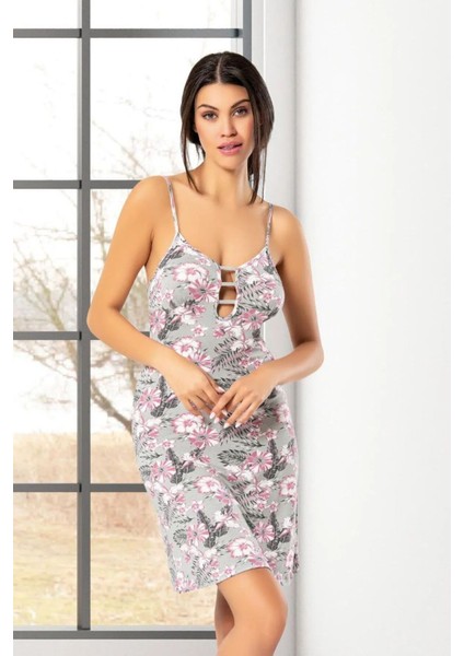 6023 Kadın Viskon Ip Askılı Gecelik Sabahlık Takım-Gri fiyatları