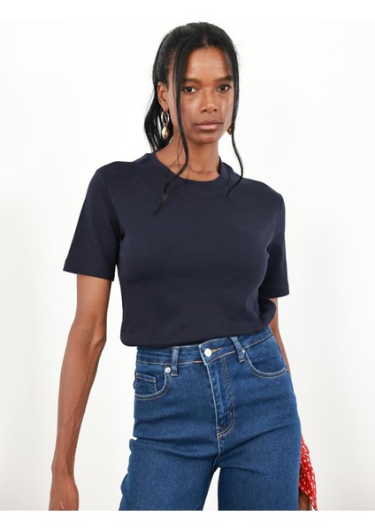 Lacivert Bisiklet Yaka Basic Tişört 1075