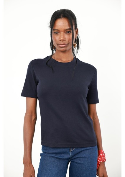 Lacivert Bisiklet Yaka Basic Tişört 1075 fırsatları