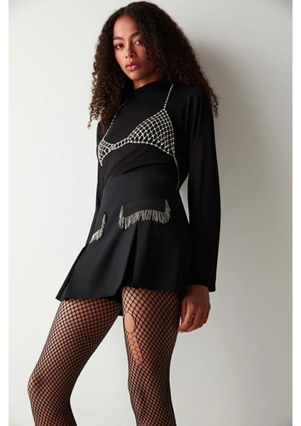 Kadın New File Torn Fishnet Siyah Külotlu