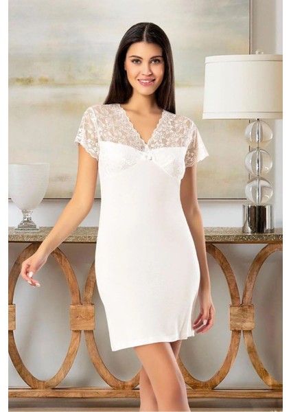 6020 Kadın Viskon Kısa Kollu Gecelik Sabahlık Takım-Ekru