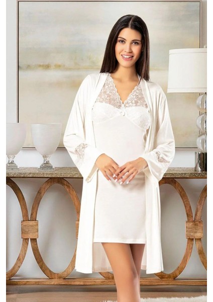 6020 Kadın Viskon Kısa Kollu Gecelik Sabahlık Takım-Ekru fiyatları