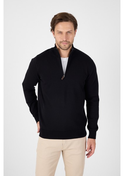 Siyah Pamuk Yarım Fermuarlı Dik Yaka Triko Kazak