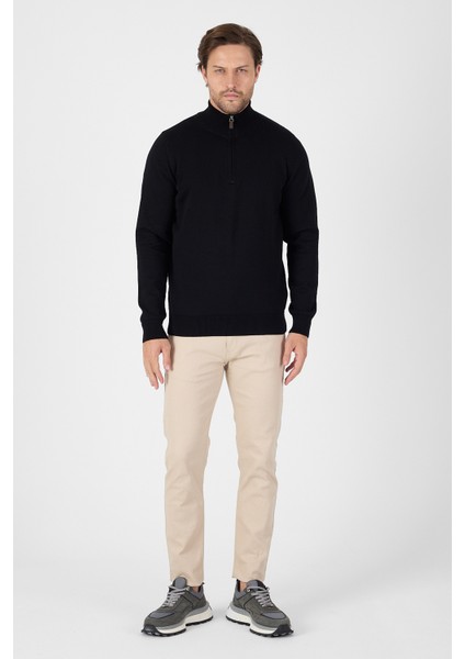 Siyah Pamuk Yarım Fermuarlı Dik Yaka Triko Kazak fiyatları