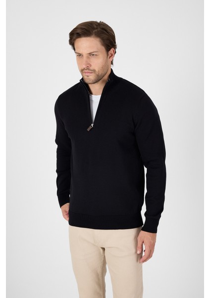 Siyah Pamuk Yarım Fermuarlı Dik Yaka Triko Kazak modelleri