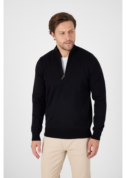 Siyah Pamuk Yarım Fermuarlı Dik Yaka Triko Kazak fırsatları