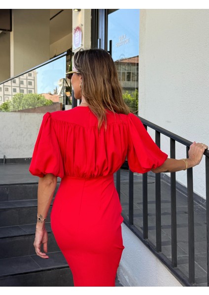Kadın Drapeli Yırtmaçlı Balon Kol Kırmızı Elbise fırsatları