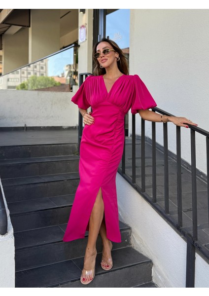 Kadın Drapeli Yırtmaçlı Balon Kol Fuşya Elbise