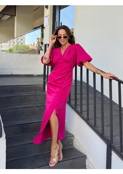 Kadın Drapeli Yırtmaçlı Balon Kol Fuşya Elbise modelleri