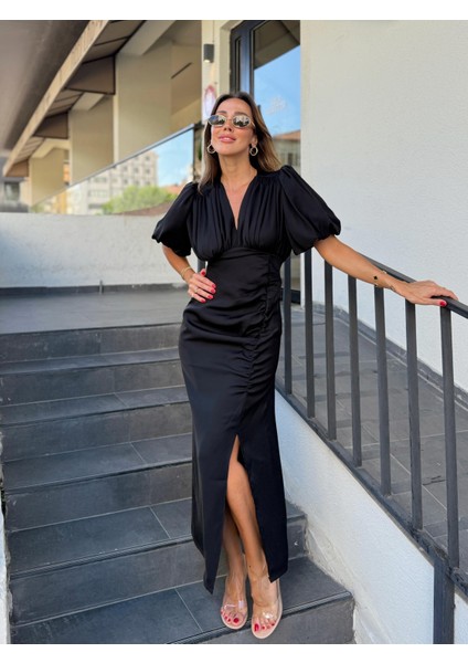 Kadın Drapeli Yırtmaçlı Balon Kol Siyah Elbise