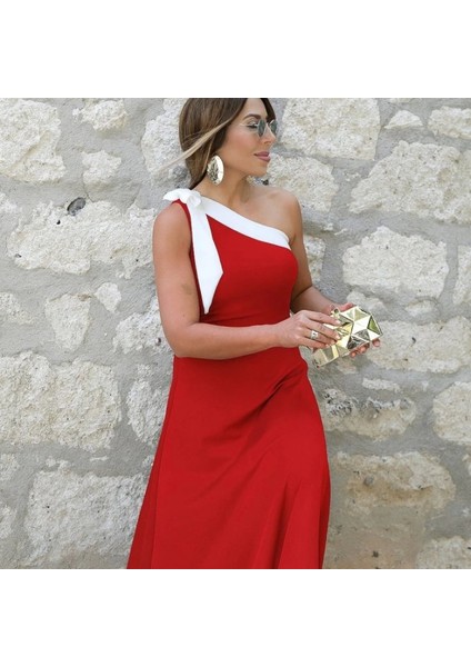 Kadın Tek Omuzu Açık Omuzlardan Kurdela Detaylı Çift Renkli Ithal Krep Elbise fiyatları