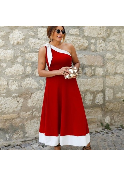 Kadın Tek Omuzu Açık Omuzlardan Kurdela Detaylı Çift Renkli Ithal Krep Elbise modelleri