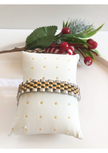 Gold-Gümüş Renkli Saat Kordon Tarzı Paslanmaz Çelik Erkek Bileklik