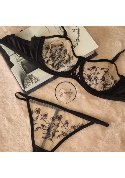 Dantelli Gülkurusu Siyah Fantezi Lena Sütyen Takımı