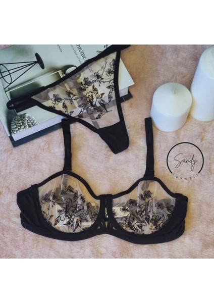 Dantelli Gülkurusu Siyah Fantezi Lena Sütyen Takımı indirimleri