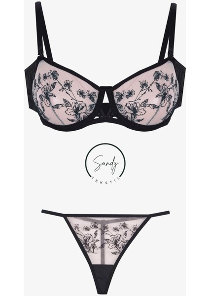 Dantelli Gülkurusu Siyah Fantezi Lena Sütyen Takımı