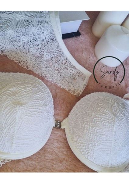 Dantelli Önden Açılan Taş Klipsli Yarım Destekli Gelinlik Ekru Sütyen Takımı