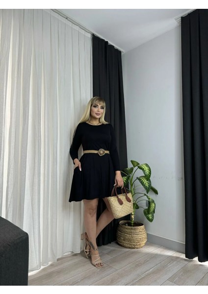 Kadın Büyük Beden Belden Oturtmalı Cepli Likralı Hasır Kemerli Viskon Elbise