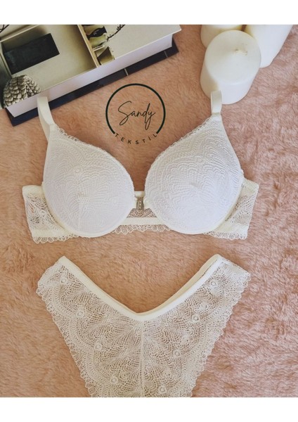 Dantelli Önden Açılan Taş Klipsli Yarım Destekli Gelinlik Ekru Sütyen Takımı fiyatları
