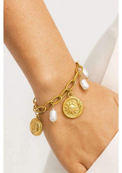 316L Çelik Güneş Ay ve Para Figürlü Inci Detaylı Sallantılı Gold Renk Kadın Bileklik