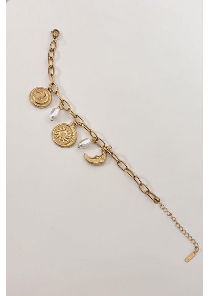 316L Çelik Güneş Ay ve Para Figürlü Inci Detaylı Sallantılı Gold Renk Kadın Bileklik fiyatları