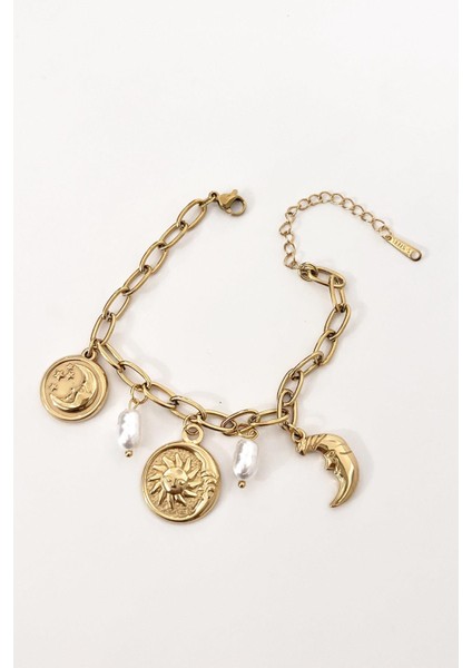 316L Çelik Güneş Ay ve Para Figürlü Inci Detaylı Sallantılı Gold Renk Kadın Bileklik modelleri